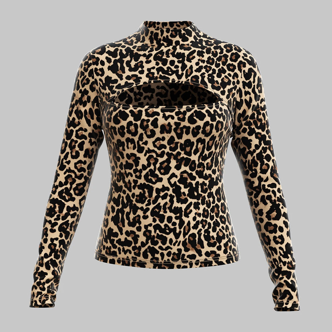 Mia Muse Damen-T-Shirts für alle Jahreszeiten, französische, sexy, ausgeschnittene, langärmlige, modische T-Shirts mit Leopardenmuster und Rundhalsausschnitt Festival Outfits | Techno Shirts | Rave Clothing