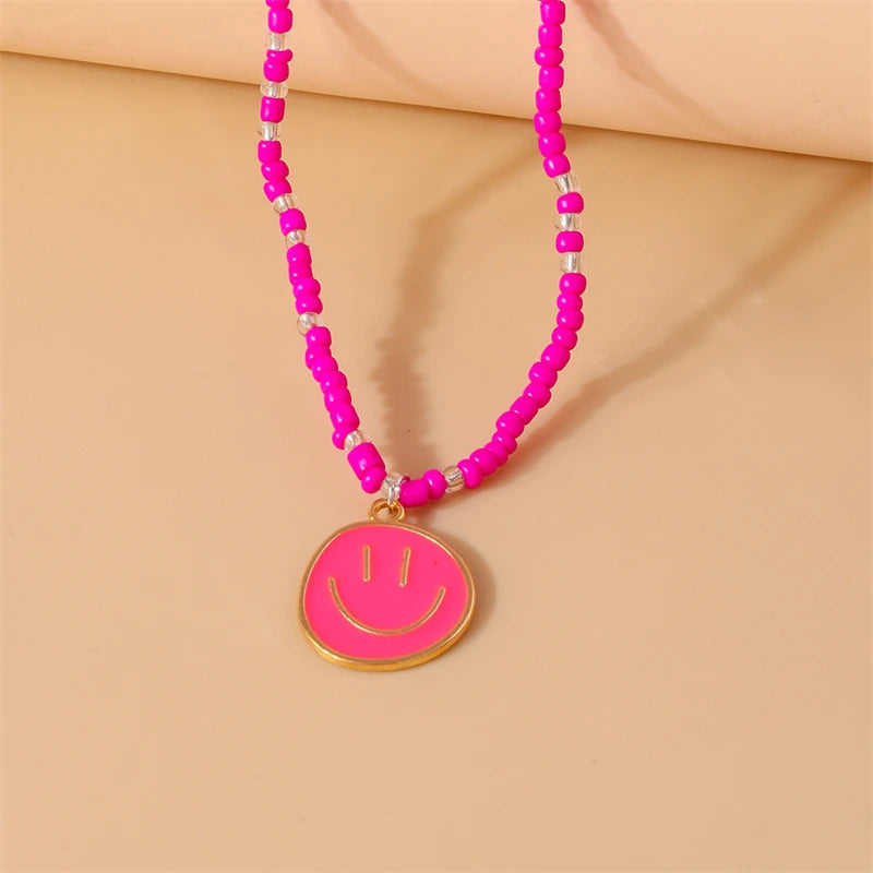 Mode Bunte Lächeln Gesicht Anhänger Halskette für Frauen Handgemachte Perlen Halskette Mädchen Party Festival Schmuck Geschenke Festival Outfits | Techno Shirts | Rave Clothing