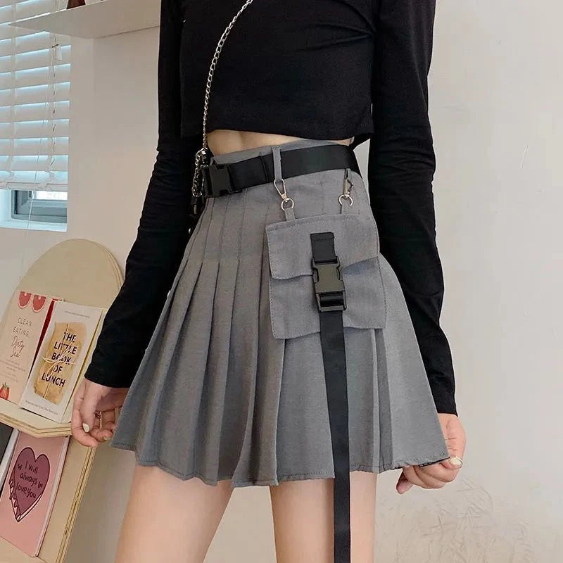 Zoki Harajuku Gürtel Plissee Cargo Rock Frauen Mode Gothic Hohe Taille Tasche Mini Röcke Mode Sommer Dame EINE Linie Schwarz Rock Festival Outfits | Techno Shirts | Rave Clothing