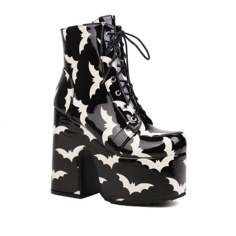 Frauen Regenbogen Stiefel bunte Farbverlauf Schnür plattform Gothic Halloween Fledermaus Schuhe High Heels Winter warme Knöchel Motorrad Stiefel Festival Outfits | Techno Shirts | Rave Clothing