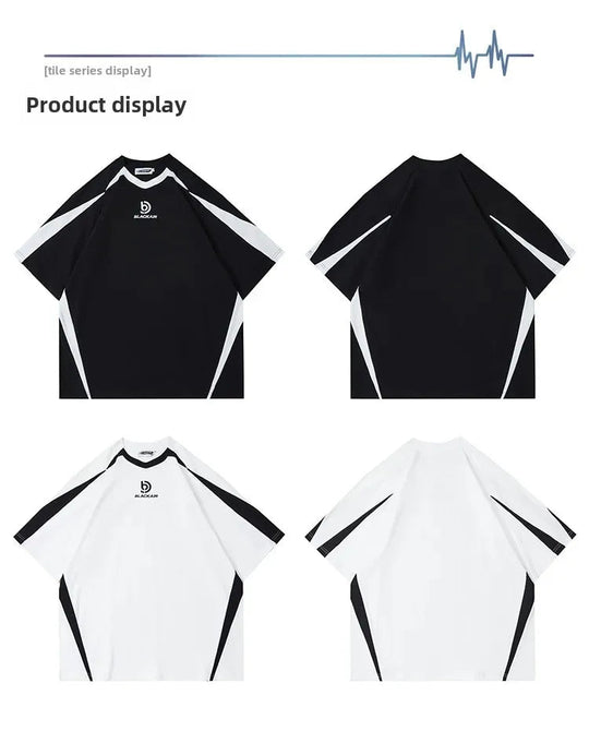 Vintage Gespleißte Schulter Kurzarm T-Shirt Männer Frauen Sommer Streetwear Oversize Paar Lose-Fit Top Rundhals Material Festival Outfits | Techno Shirts | Rave Clothing
