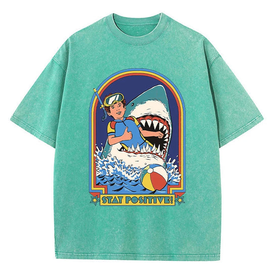 Bleiben Sie positiv, Cartoon-Druck, Damen-Wasch-T-Shirt, atmungsaktiv, bequem, kurzärmelig, modisch, cooles T-Shirt, Not-O-Ausschnitt-Kleidung Festival Outfits | Techno Shirts | Rave Clothing