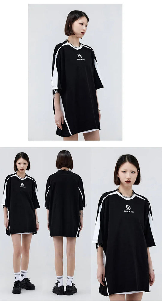 Vintage Gespleißte Schulter Kurzarm T-Shirt Männer Frauen Sommer Streetwear Oversize Paar Lose-Fit Top Rundhals Material Festival Outfits | Techno Shirts | Rave Clothing