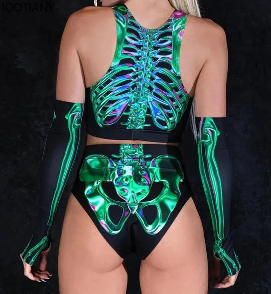 Halloween Schädel drucken Cosplay Kostüm Frauen sexy Schädel Nabel Top Shorts Festival Party bunte psyche delische Dress Up Rave Outfit Festival Outfits | Techno Shirts | Rave Clothing