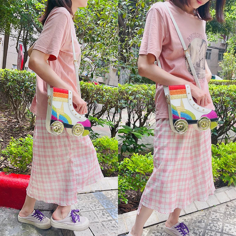 Fun Rainbow Glitter Roller Skate Women Handbag for Girls Novelty Rollerblade Crossbody and Pures Dazzing Daily Shoulder Bag Gift Festival Outfits | Techno Shirts | Rave Clothing