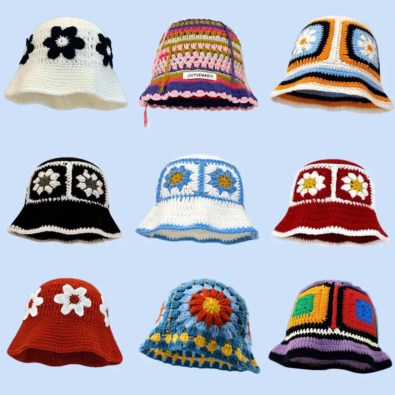 2023 herbst Neue Häkeln Koreanische Handgemachte Eimer Hut Frauen Weben Gestrickte Hut Y2k Mode Blumen Herbst Winter Mützen Becken Kappe Festival Outfits | Techno Shirts | Rave Clothing