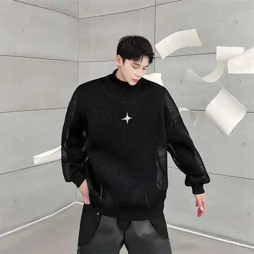 LUZHEN 2025 Frühling High Street Perspektive Original Mesh Design Pullover Herrenmode Metall Schnalle Schmücken Casual Tops LZ3027 Festival Outfits | Techno Shirts | Rave Clothing