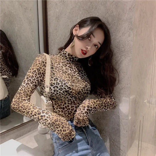 Frauen Retro Halb Hohen Kragen Leopard T-shirt Weibliche Herbst Sexy Dünne Lange ärmeln Mesh T-shirt Perspektive Bodenbildung Engen top Festival Outfits | Techno Shirts | Rave Clothing