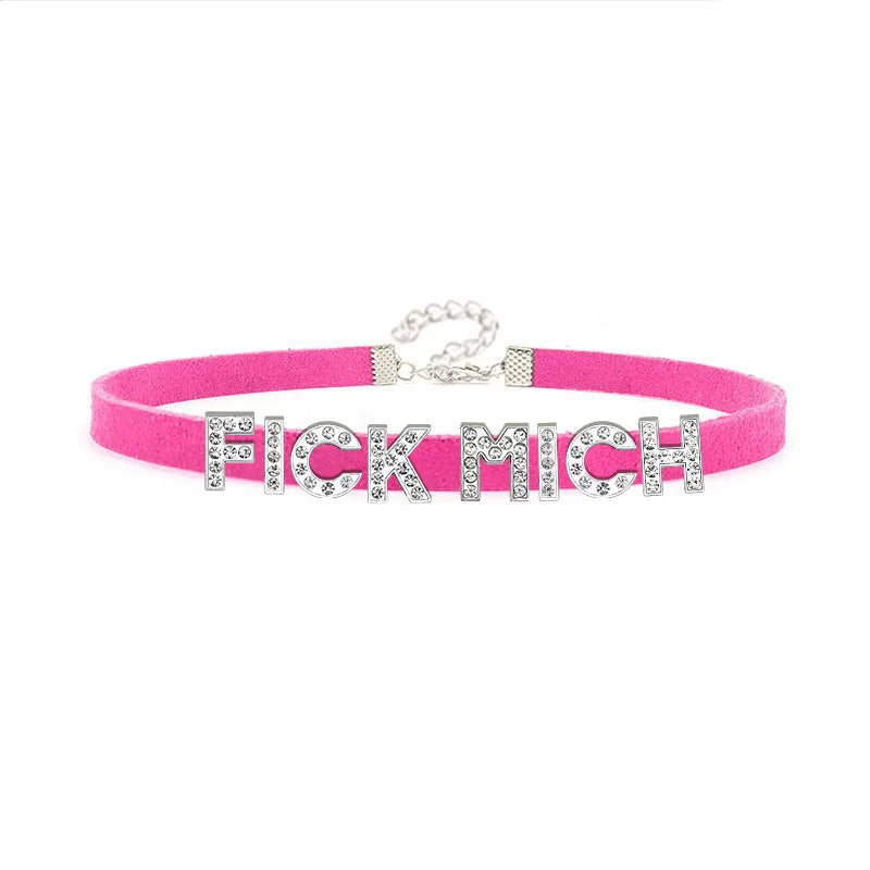 Sexy Rhinestone Letters FICK MICH Collar Choker Necklace Men Women Goth Harajuku DDLG Customized Chocker Cosplay Jewelry Gift Festival Outfits | Techno Shirts | Rave Clothing