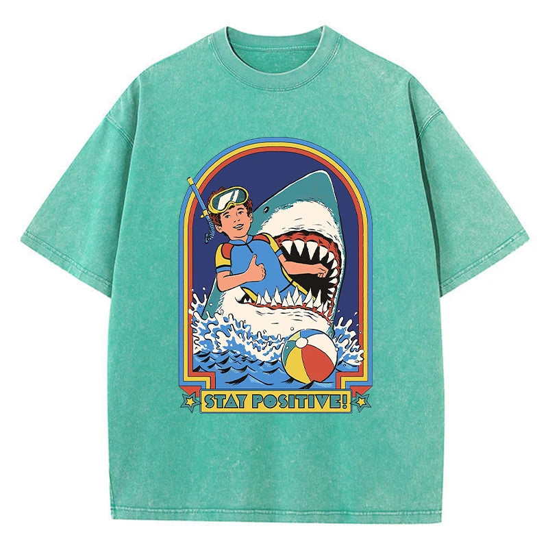 Bleiben Sie positiv, Cartoon-Druck, Damen-Wasch-T-Shirt, atmungsaktiv, bequem, kurzärmelig, modisch, cooles T-Shirt, Not-O-Ausschnitt-Kleidung Festival Outfits | Techno Shirts | Rave Clothing