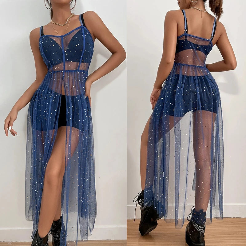 Frauen Glänzende Pailletten Cover Up Kleid Casual Ärmelloses Rückenfreies Sheer Mesh Lose Split Kleid Sommer Urlaub  Strandkittel Festival Outfits | Techno Shirts | Rave Clothing