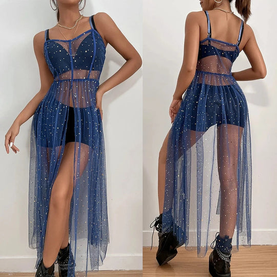 Frauen Glänzende Pailletten Cover Up Kleid Casual Ärmelloses Rückenfreies Sheer Mesh Lose Split Kleid Sommer Urlaub  Strandkittel Festival Outfits | Techno Shirts | Rave Clothing