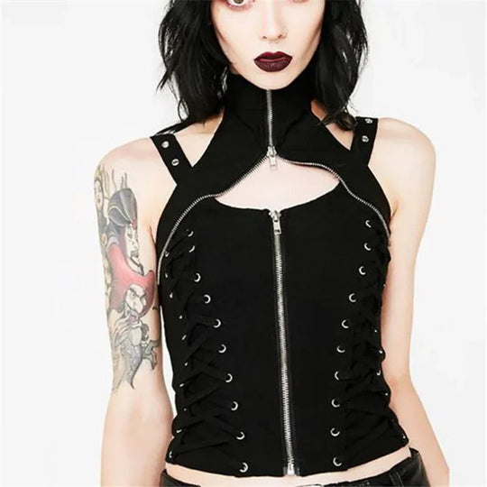 Y2k dunkle Punk Gothic Korsett Weste Frauen hohe Taille Bandage Ernte Tanktops Streetwear Emo Alt Harajuku Halfter Rave Outfits Festival Outfits | Techno Shirts | Rave Clothing