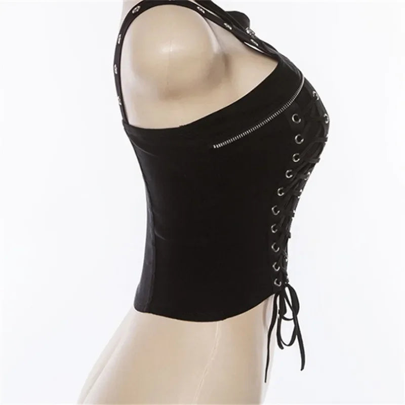 Y2k dunkle Punk Gothic Korsett Weste Frauen hohe Taille Bandage Ernte Tanktops Streetwear Emo Alt Harajuku Halfter Rave Outfits Festival Outfits | Techno Shirts | Rave Clothing