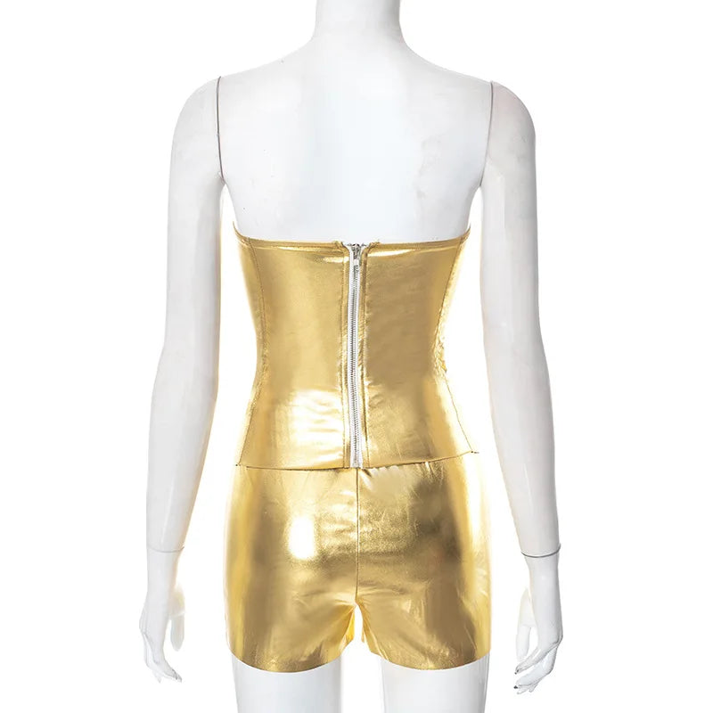 Sexy Frauen Shiny Gold Silber Bustier Crop Tops Helle PU Leder Krone Gürtel Abnehmen Taille Liebsten Low-cut Korsett top Sommer Festival Outfits | Techno Shirts | Rave Clothing