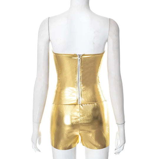 Sexy Frauen Shiny Gold Silber Bustier Crop Tops Helle PU Leder Krone Gürtel Abnehmen Taille Liebsten Low-cut Korsett top Sommer Festival Outfits | Techno Shirts | Rave Clothing