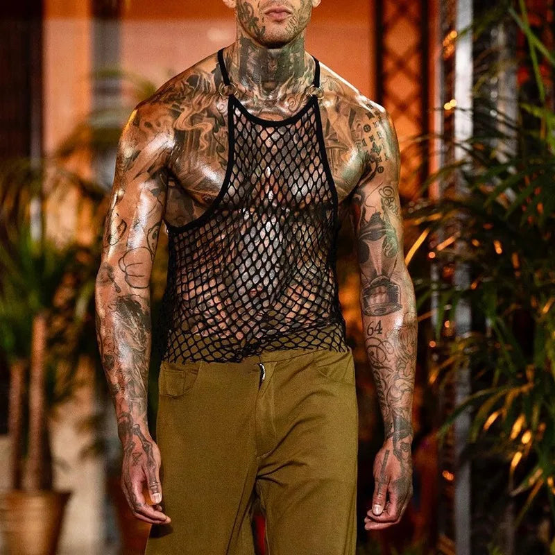 Men's Leather Stitching Net Shirt Motorcycle Leather Vest Top Sexy See-through Hooded Vest Muscular Men Fitness Vest Tank Top Me Festival Outfits | Techno Shirts | Rave Clothing