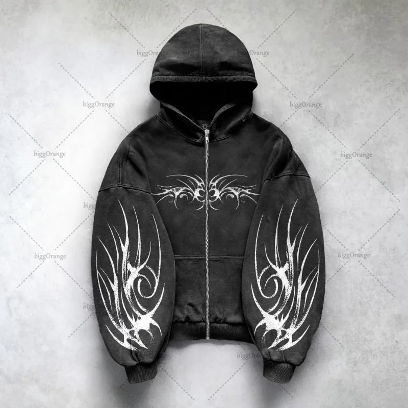 Gothic Punk Grafik Druck Übergroßen Sweatshirt High Street Harajuku Y2K Streetwear Jacke Männer Hip Hop Retro Casual Zipper Hoodie Festival Outfits | Techno Shirts | Rave Clothing