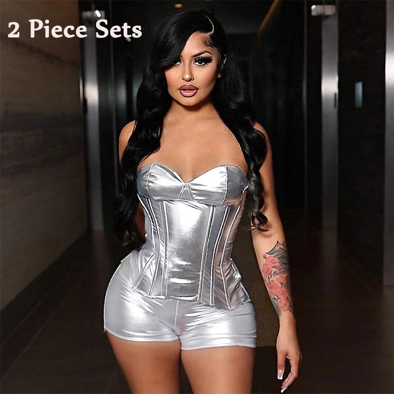 Sexy Frauen Shiny Gold Silber Bustier Crop Tops Helle PU Leder Krone Gürtel Abnehmen Taille Liebsten Low-cut Korsett top Sommer Festival Outfits | Techno Shirts | Rave Clothing