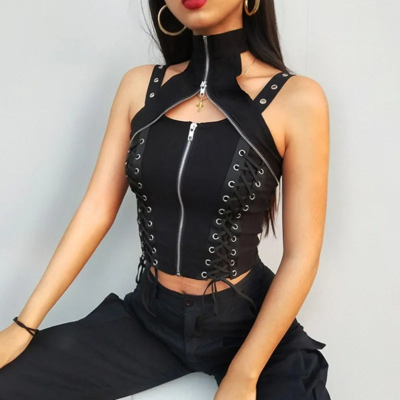 Y2k dunkle Punk Gothic Korsett Weste Frauen hohe Taille Bandage Ernte Tanktops Streetwear Emo Alt Harajuku Halfter Rave Outfits Festival Outfits | Techno Shirts | Rave Clothing