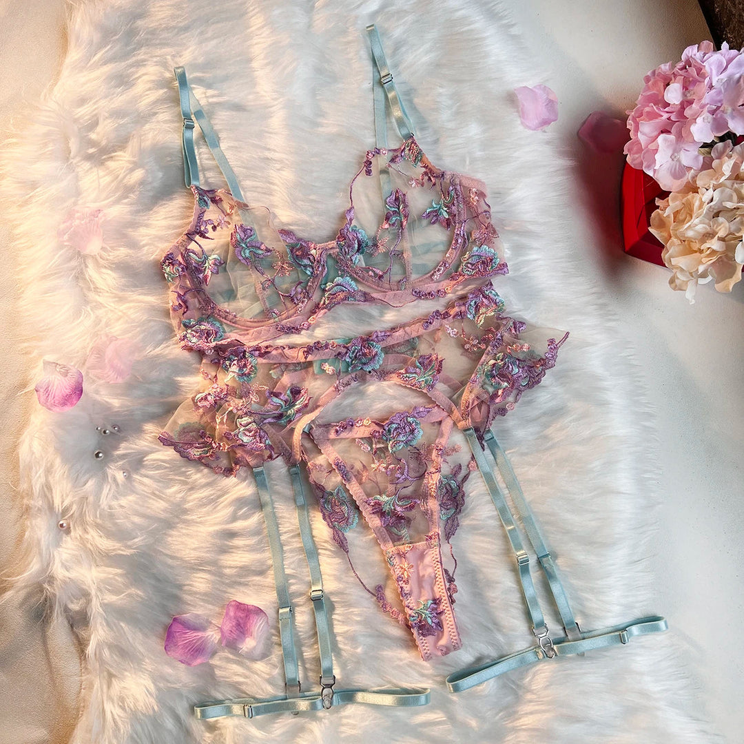 Ellolace Feen-Dessous, florale transparente Unterwäsche, Rüschen-Strumpfband, intime, zarte Unterwäsche, schöne durchsichtige Outfits Festival Outfits | Techno Shirts | Rave Clothing