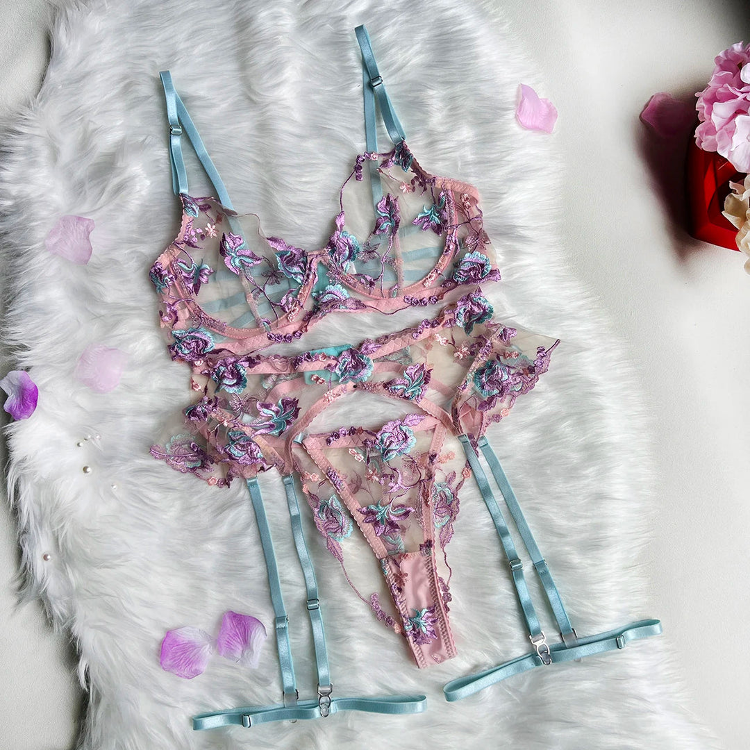 Ellolace Feen-Dessous, florale transparente Unterwäsche, Rüschen-Strumpfband, intime, zarte Unterwäsche, schöne durchsichtige Outfits Festival Outfits | Techno Shirts | Rave Clothing