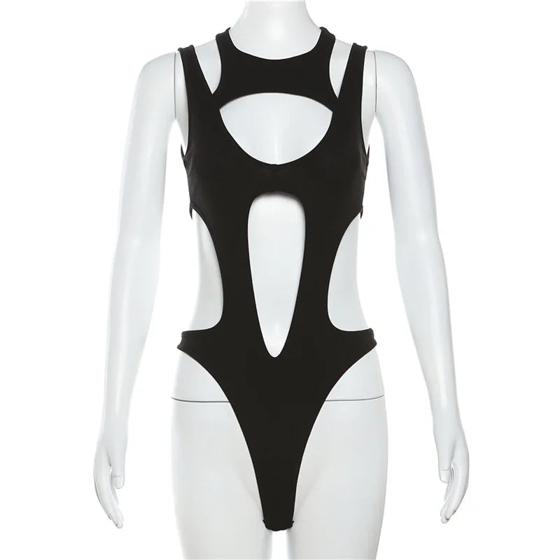 Mall Gothic Hollow Out Sexy Bodys Techwear Fashion Y2k Patchwork Tops Damen Grunge Rückenfrei High Cut Slim Bodysuit Festival Outfits | Techno Shirts | Rave Clothing