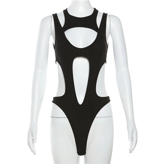 Mall Gothic Hollow Out Sexy Bodys Techwear Fashion Y2k Patchwork Tops Damen Grunge Rückenfrei High Cut Slim Bodysuit Festival Outfits | Techno Shirts | Rave Clothing