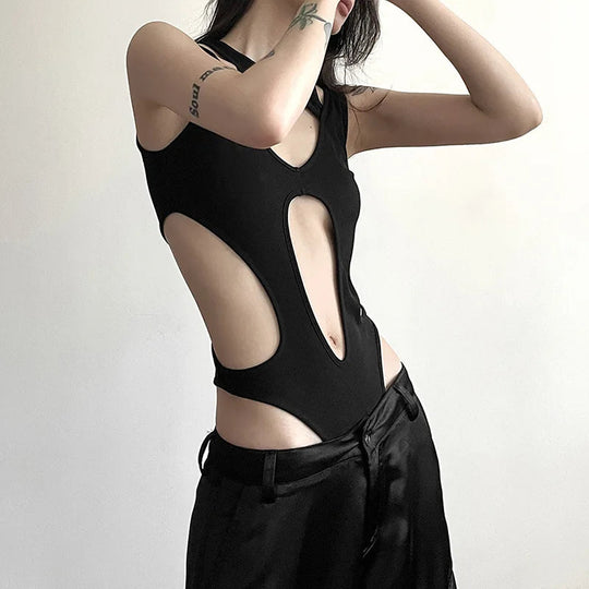 Mall Gothic Hollow Out Sexy Bodys Techwear Fashion Y2k Patchwork Tops Damen Grunge Rückenfrei High Cut Slim Bodysuit Festival Outfits | Techno Shirts | Rave Clothing