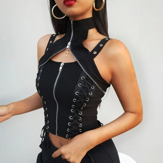 Y2k dunkle Punk Gothic Korsett Weste Frauen hohe Taille Bandage Ernte Tanktops Streetwear Emo Alt Harajuku Halfter Rave Outfits Festival Outfits | Techno Shirts | Rave Clothing