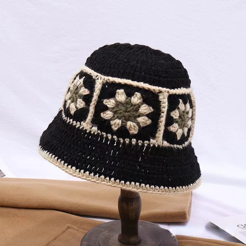 2023 herbst Neue Häkeln Koreanische Handgemachte Eimer Hut Frauen Weben Gestrickte Hut Y2k Mode Blumen Herbst Winter Mützen Becken Kappe Festival Outfits | Techno Shirts | Rave Clothing