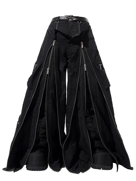 Mauroicardi Frühling Herbst Coole schwarze Baggy-Techwear-Hose mit weitem Bein für Herren mit vielen Reißverschlüssen Luxus-Designer-Kleidung Streetwear Festival Outfits | Techno Shirts | Rave Clothing