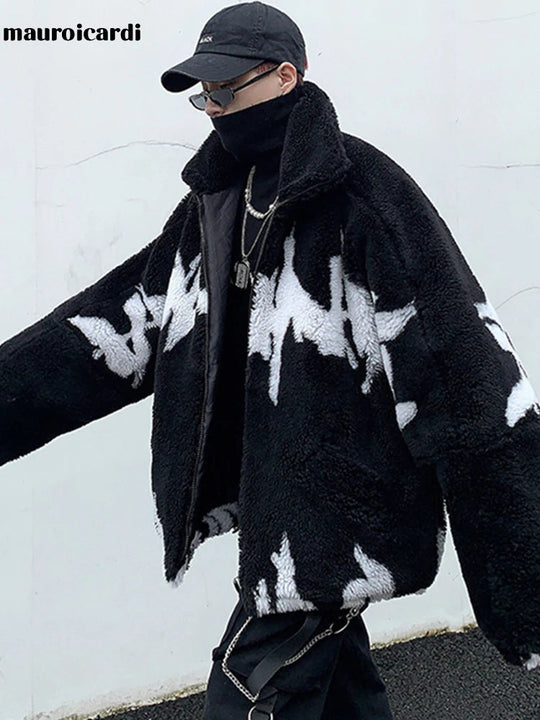 Mauroicardi Winter Übergroße Verdickte Warme Flauschige Kunstpelz Jacke Männer Raglan Langarm Zip Up Luxus Designer Kleidung 2022 Festival Outfits | Techno Shirts | Rave Clothing