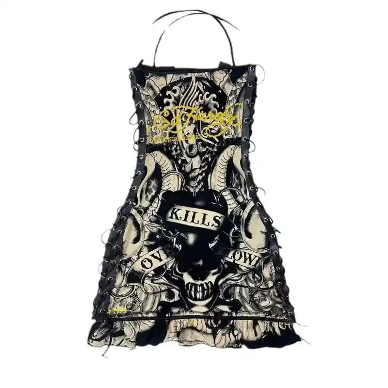 Totenkopf bedruckte Gothic-Minikleider für Damen, Schnürung, Neckholder, sexy Kleider, Slash-Ausschnitt, Y2k-Partykleider, A-Linie, figurbetontes Kleid für Damen Festival Outfits | Techno Shirts | Rave Clothing