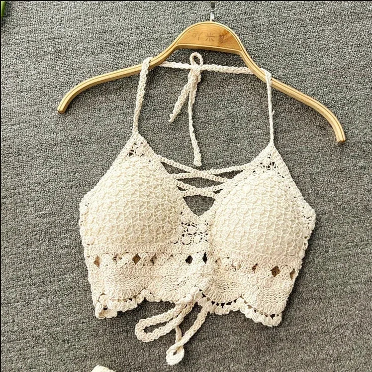 2025Crop Tops Retro Wild Hohl Perspektive Quaste Sexy Spaghetti Strap Tank Top Frauen Gebaut In Bh Neue Zurück Spitze Neckholder Festival Outfits | Techno Shirts | Rave Clothing