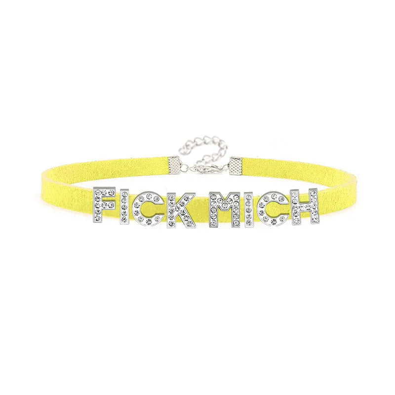 Sexy Rhinestone Letters FICK MICH Collar Choker Necklace Men Women Goth Harajuku DDLG Customized Chocker Cosplay Jewelry Gift Festival Outfits | Techno Shirts | Rave Clothing