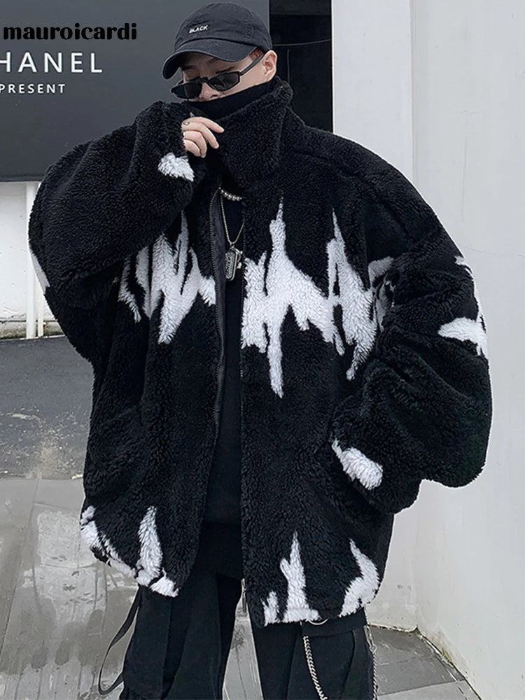 Mauroicardi Winter Übergroße Verdickte Warme Flauschige Kunstpelz Jacke Männer Raglan Langarm Zip Up Luxus Designer Kleidung 2022 Festival Outfits | Techno Shirts | Rave Clothing