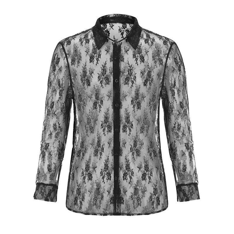 Men's Mesh See Through Mesh Sexy Lace Shirt Long Sleeve Fishnet Hollow Out Vintage Streetwear Slim Fashion Party Clothing S-XL Festival Outfits | Techno Shirts | Rave Clothing
