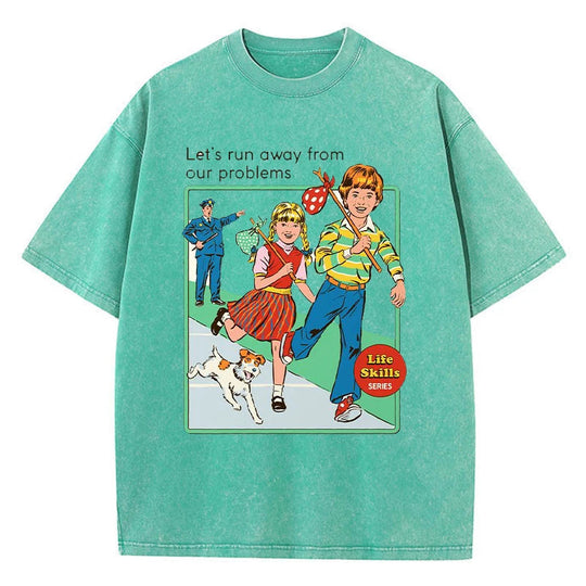 Let' Run Away From Our Problems Print Damen Distress T-Shirts Sommermode gewaschenes T-Shirt atmungsaktive T-Shirts weiche Kleidung Festival Outfits | Techno Shirts | Rave Clothing