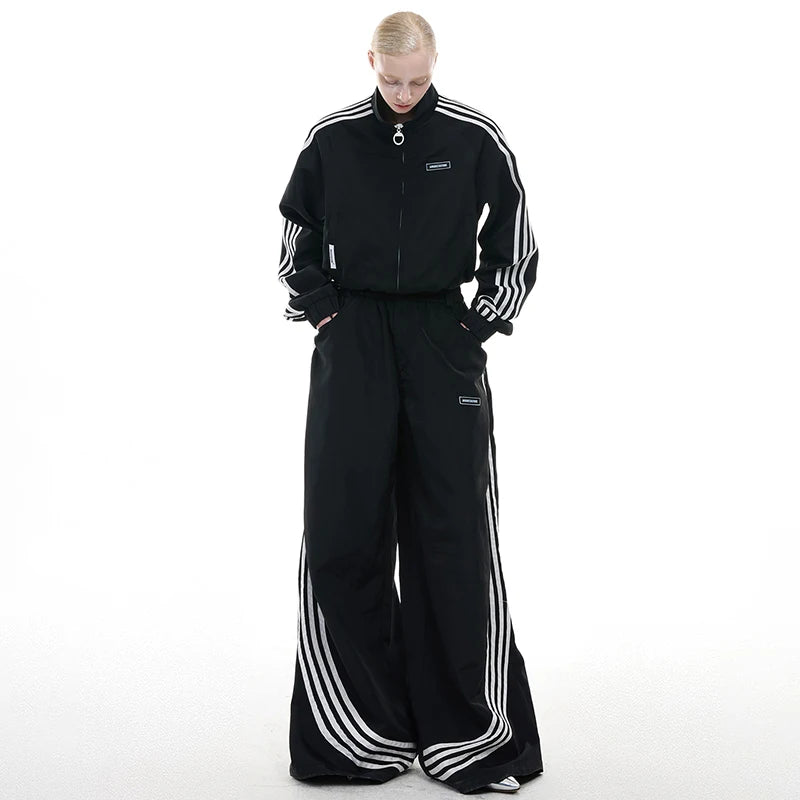 LUZHEN 2025 Neue Streifen Gedruckt Baggy Breite Bein Straße Sport Hosen Männer Stilvolle Frauen Paare Stehen Neck Casual jacke JY1403 Festival Outfits | Techno Shirts | Rave Clothing