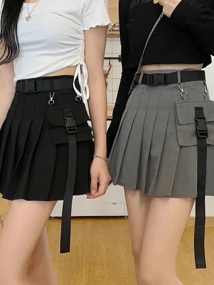 Zoki Harajuku Gürtel Plissee Cargo Rock Frauen Mode Gothic Hohe Taille Tasche Mini Röcke Mode Sommer Dame EINE Linie Schwarz Rock Festival Outfits | Techno Shirts | Rave Clothing