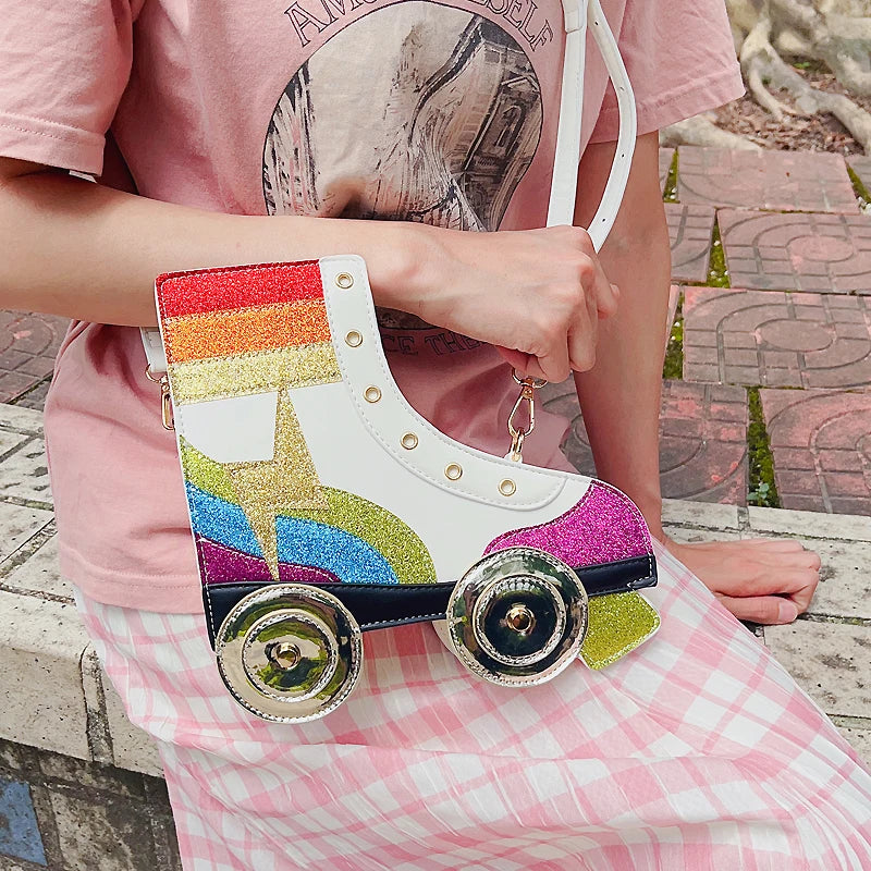 Fun Rainbow Glitter Roller Skate Women Handbag for Girls Novelty Rollerblade Crossbody and Pures Dazzing Daily Shoulder Bag Gift Festival Outfits | Techno Shirts | Rave Clothing