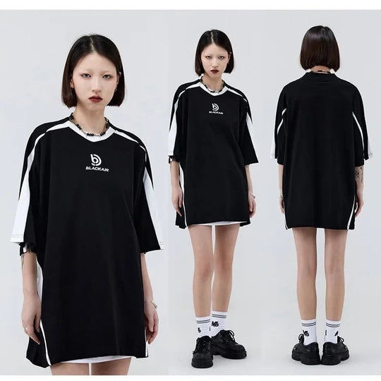 Vintage Gespleißte Schulter Kurzarm T-Shirt Männer Frauen Sommer Streetwear Oversize Paar Lose-Fit Top Rundhals Material Festival Outfits | Techno Shirts | Rave Clothing