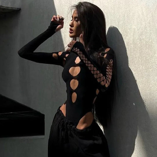 Shestyle Schwarz Aushöhlen Design Körper für Frauen Kalten Schulter Hohe Taille Sexy Halloween Heißer Dame Bodys Neue-Gefunden top Solide Festival Outfits | Techno Shirts | Rave Clothing
