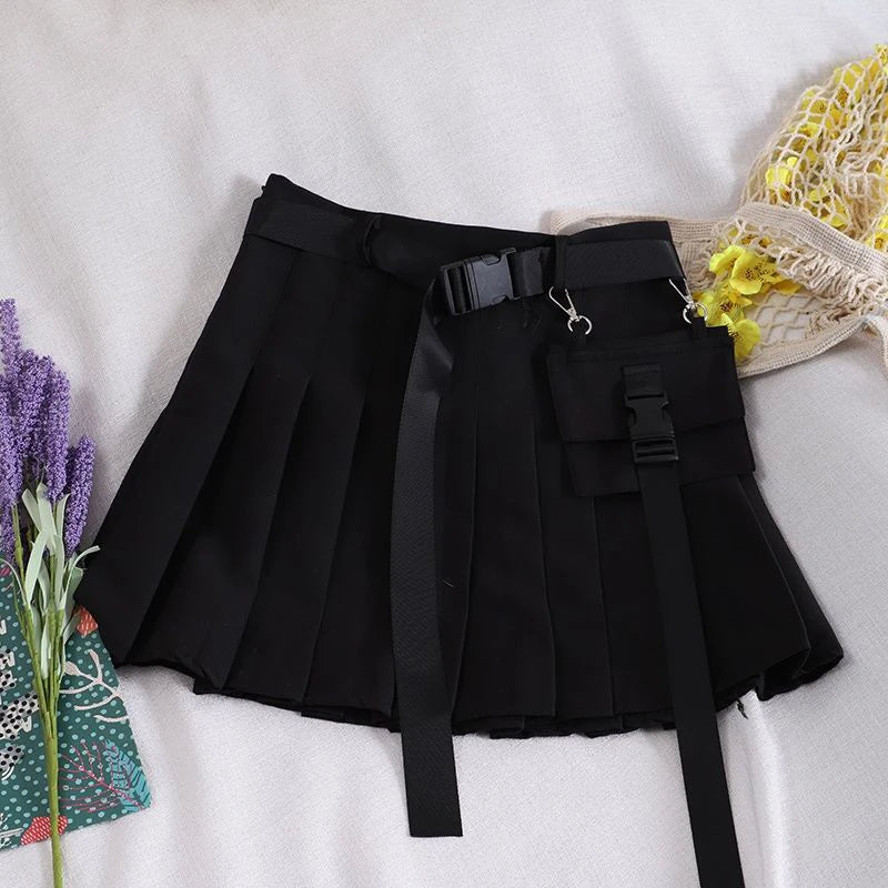 Zoki Harajuku Gürtel Plissee Cargo Rock Frauen Mode Gothic Hohe Taille Tasche Mini Röcke Mode Sommer Dame EINE Linie Schwarz Rock Festival Outfits | Techno Shirts | Rave Clothing