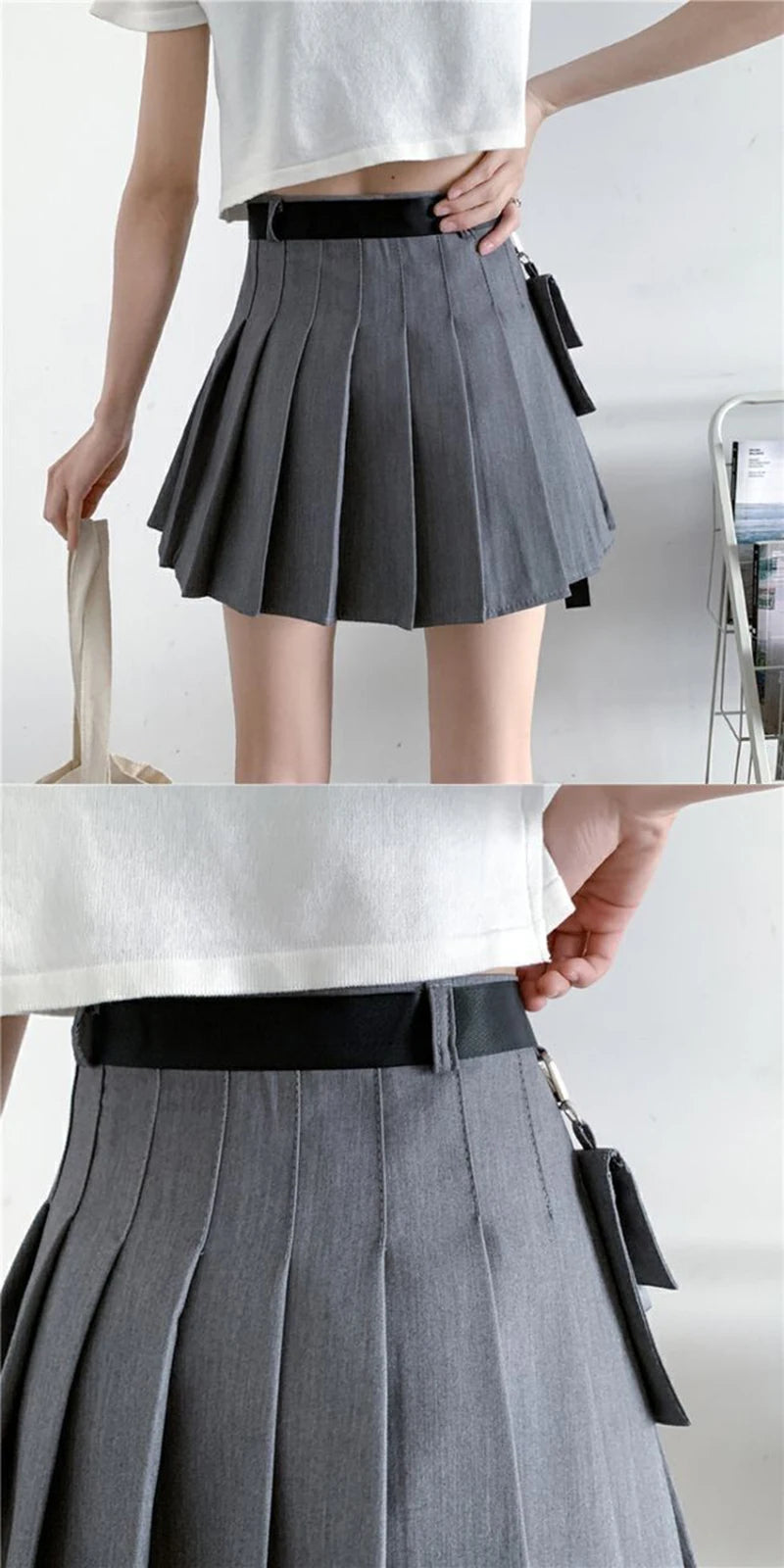 Zoki Harajuku Gürtel Plissee Cargo Rock Frauen Mode Gothic Hohe Taille Tasche Mini Röcke Mode Sommer Dame EINE Linie Schwarz Rock Festival Outfits | Techno Shirts | Rave Clothing