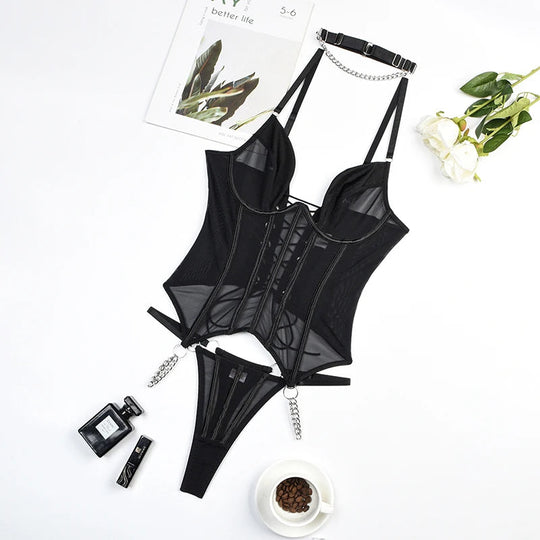 Rückenfreies Schnürkorsett-Set – Nahtlose Push-Up Unterwäsche 3-teilig Schwarz Festival Outfits | Techno Shirts | Rave Clothing