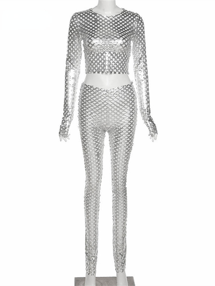 2024 neue Frauen Sexy Aushöhlen Loch Streetwear Trainingsanzug Einfache Schlank Stretch Silber Trainingsanzug Zwei Stück Set Weibliche Festival Outfits | Techno Shirts | Rave Clothing