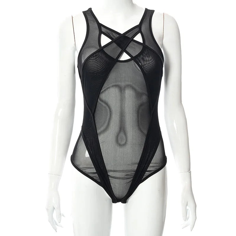 2024 neue durchsichtige Mesh aushöhlen Bodysuit Frauen Sommer lila Patchwork Bodys sexy Bade bekleidung Frauen Festival Outfit Korsett Top Festival Outfits | Techno Shirts | Rave Clothing
