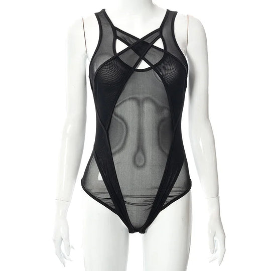 2024 neue durchsichtige Mesh aushöhlen Bodysuit Frauen Sommer lila Patchwork Bodys sexy Bade bekleidung Frauen Festival Outfit Korsett Top Festival Outfits | Techno Shirts | Rave Clothing